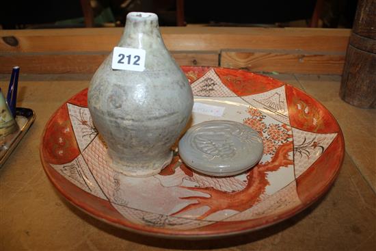 Japanese Kutani charger, a Song style bottle vase and a Chinese celaodn glazed box and cover